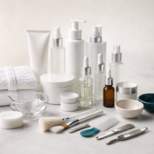 Skin Care Training Materials – Neo Aesthetics and Medical International Academy Professional skin care training materials including skincare products, bottles, jars, applicators, facial brushes, and educational supplies for esthetician students at Neo Aesthetics and Medical International Academy.
